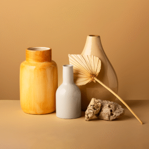 Minimalist Ceramic Vase Trio with Decorative Accents