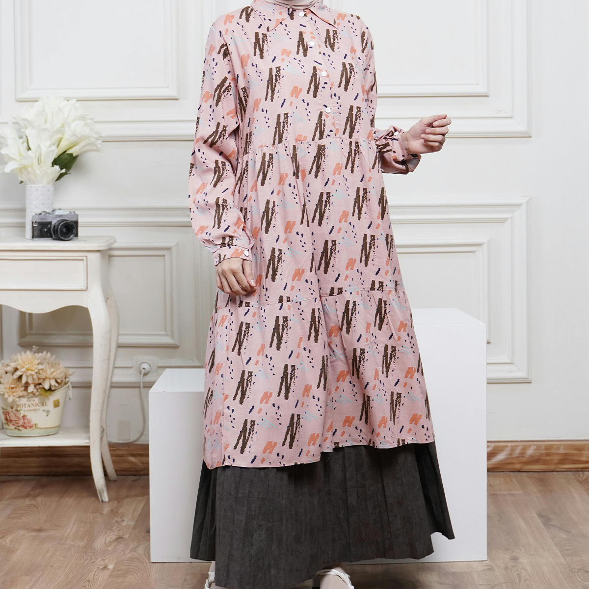 Modest Printed Pink Long Sleeve Maxi Dress
